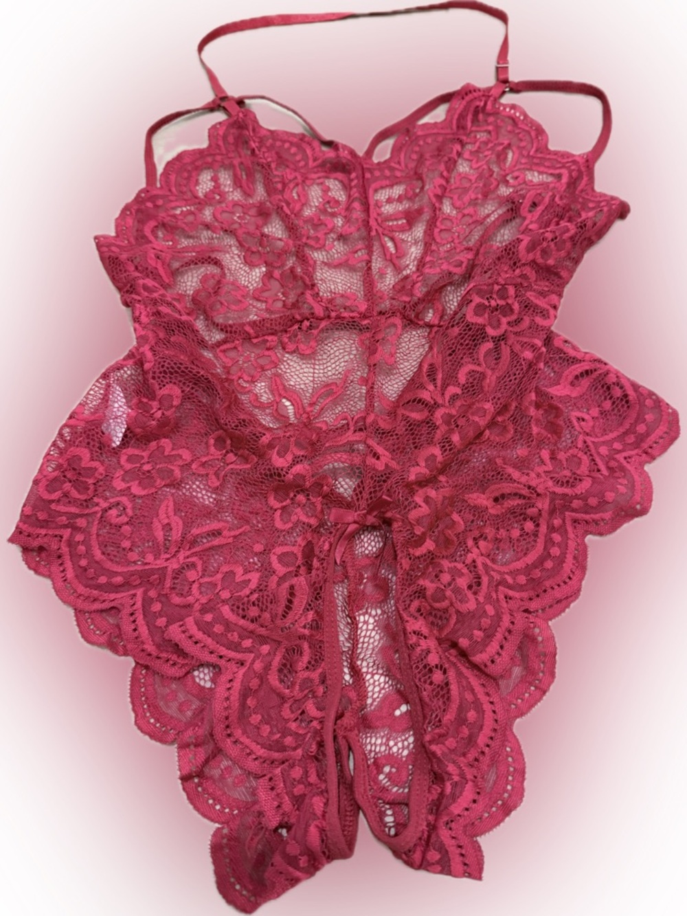 Women's Sexy Lace Teddy Bodysuit Red Rose - Elegant Sheer open Croch - Picture 3 of 8
